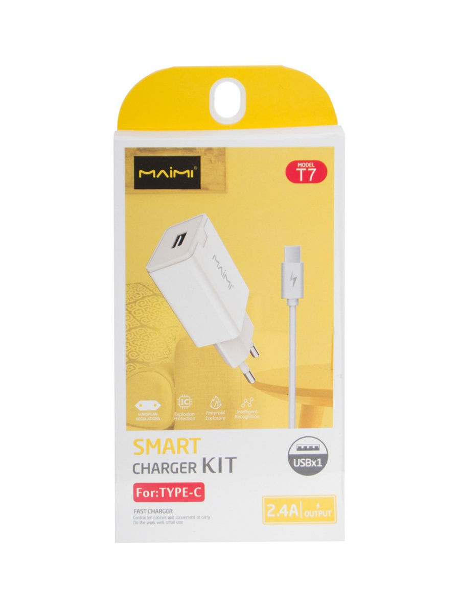 СЗУ MAIMI T7 Smart charger kit 2,4A 1USB + кабель Type-C, белый